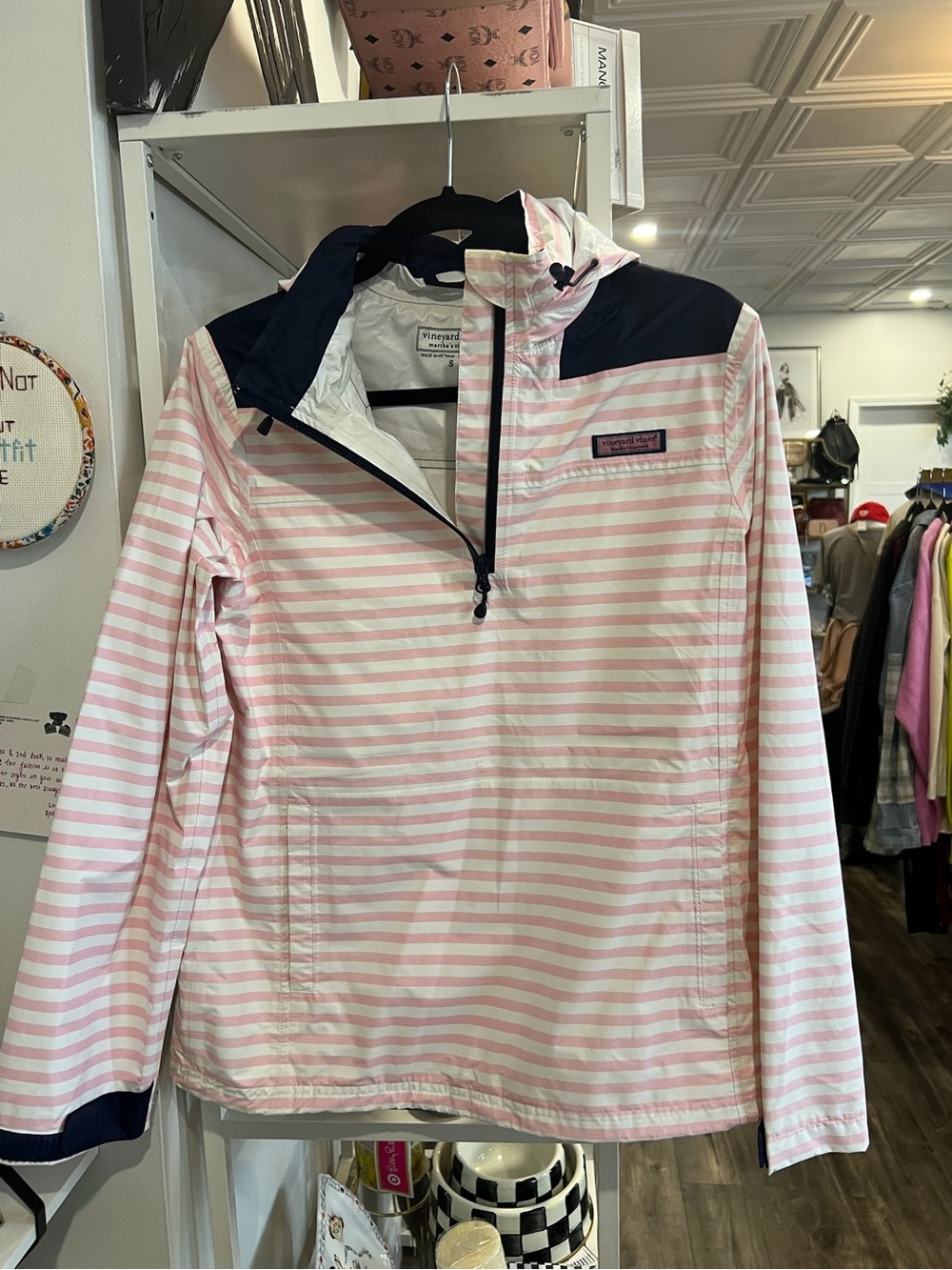 Vineyard Vines Pink & White Striped Half-Zip Rain Pullover with Navy Yoke